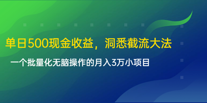 单日500现金收益，洞悉截流大法，一个批量化无脑操作的月入3万小项目-摸金项目网