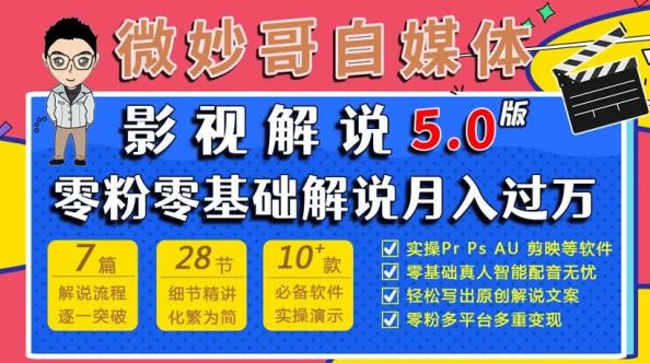 微妙哥影视解说5.0版视频课程，零粉丝零基础解说，小白也能月入过万-摸金项目网