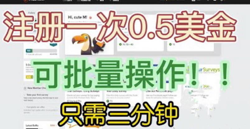 国外项目注册一次0.5美金，只需三分钟无脑操作，可批量同时放大操作，小白工作室福利【揭秘】-摸金项目网