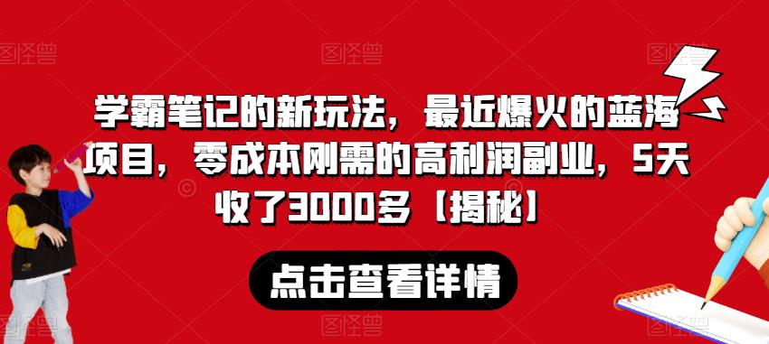 学霸笔记的新玩法，最近爆火的蓝海项目，零成本刚需的高利润副业，5天收了3000多【揭秘】-摸金项目网