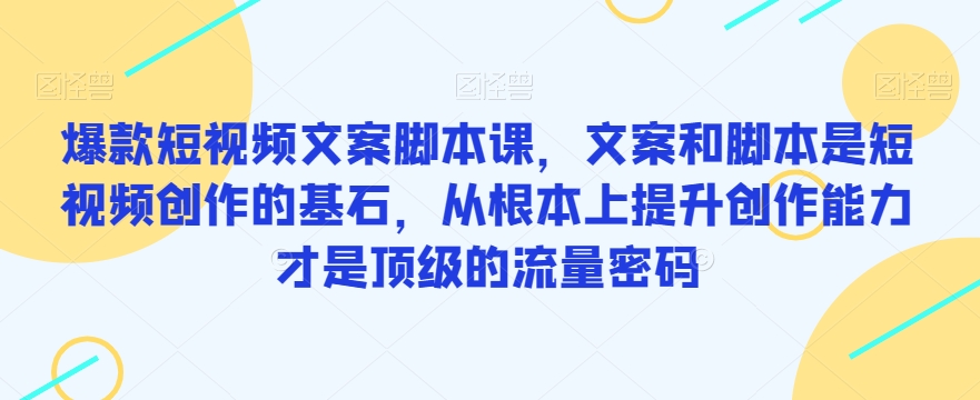 爆款短视频文案脚本课，文案和脚本是短视频创作的基石，从根本上提升创作能力才是顶级的流量密码-摸金项目网