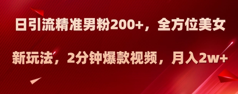 日引流精准男粉200+，全方位美女新玩法，2分钟爆款视频，月入2w+【揭秘】-摸金项目网