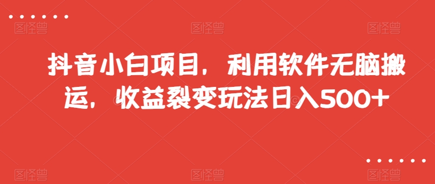 抖音小白项目，利用软件无脑搬运，收益裂变玩法日入500+【揭秘】-摸金项目网