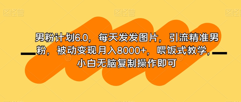男粉计划6.0，每天发发图片，引流精准男粉，被动变现月入8000+，喂饭式教学，小白无脑复制操作即可-摸金项目网