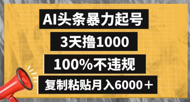 AI头条暴力起号，3天撸1000,100%不违规，复制粘贴月入6000＋【揭秘】-摸金项目网