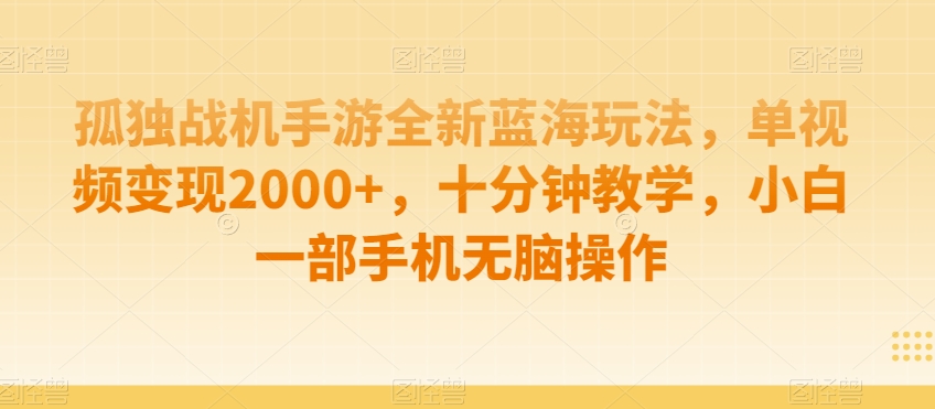 孤独战机手游全新蓝海玩法，单视频变现2000+，十分钟教学，小白一部手机无脑操作【揭秘】-摸金项目网