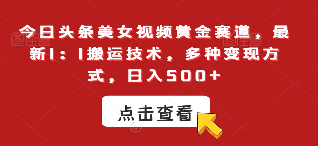 今日头条美女视频黄金赛道，最新1：1搬运技术，多种变现方式，日入500+【揭秘】-摸金项目网