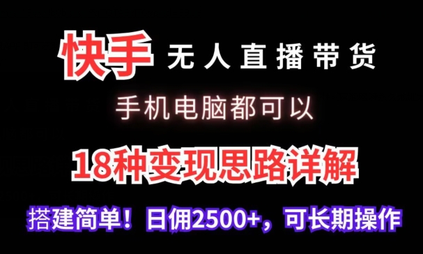 快手无人直播带货，手机电脑都可以，18种变现思路详解，搭建简单日佣2500+【揭秘】-摸金项目网