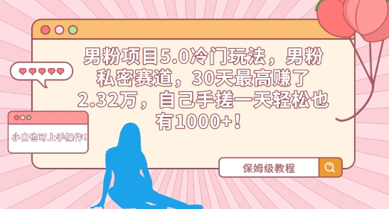 男粉项目5.0冷门玩法，男粉私密赛道，30天最高赚了2.32万，自己手搓一天轻松也有1000+【揭秘】-摸金项目网
