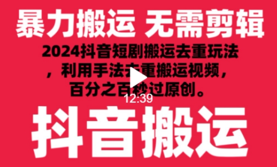 2024最新抖音搬运技术，抖音短剧视频去重，手法搬运，利用工具去重，达到秒过原创的效果【揭秘】-摸金项目网