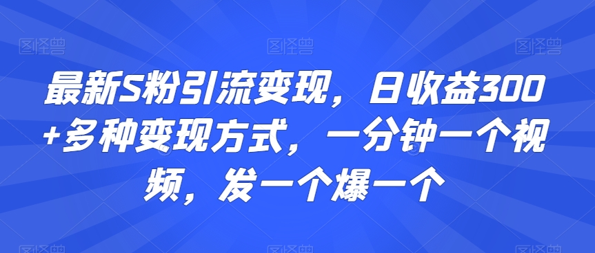 最新S粉引流变现，日收益300+多种变现方式，一分钟一个视频，发一个爆一个【揭秘】-摸金项目网
