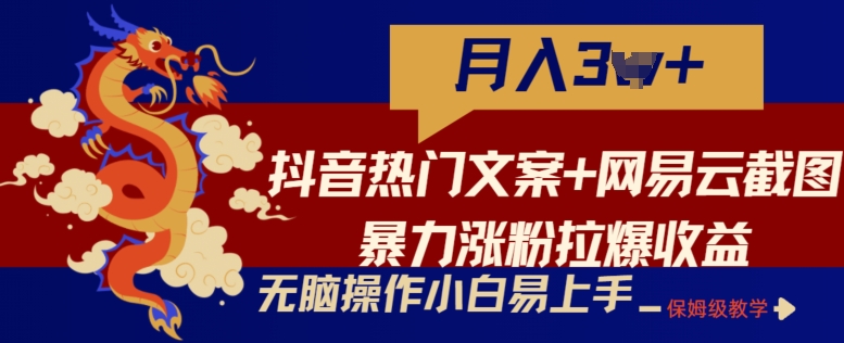 抖音热门文案+网易云截图暴力涨粉拉爆收益玩法，小白无脑操作，简单易上手【揭秘】-摸金项目网