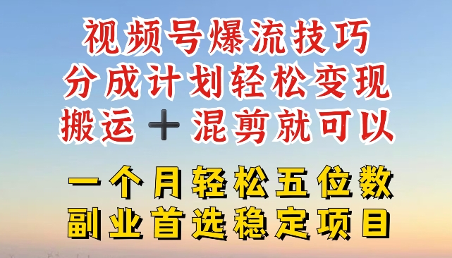 视频号爆流技巧，分成计划轻松变现，搬运 +混剪就可以，一个月轻松五位数稳定项目【揭秘】-摸金项目网
