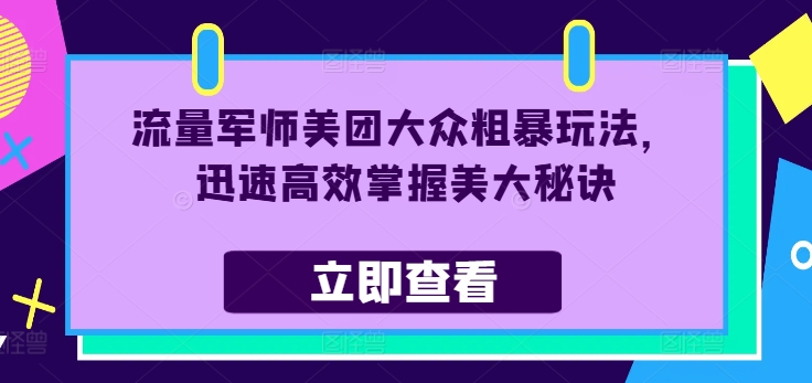 流量军师美团大众粗暴玩法，迅速高效掌握美大秘诀-摸金项目网