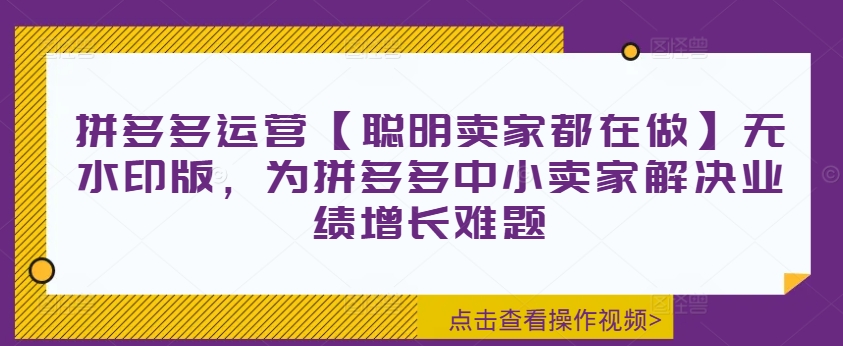 拼多多运营【聪明卖家都在做】无水印版，为拼多多中小卖家解决业绩增长难题-摸金项目网