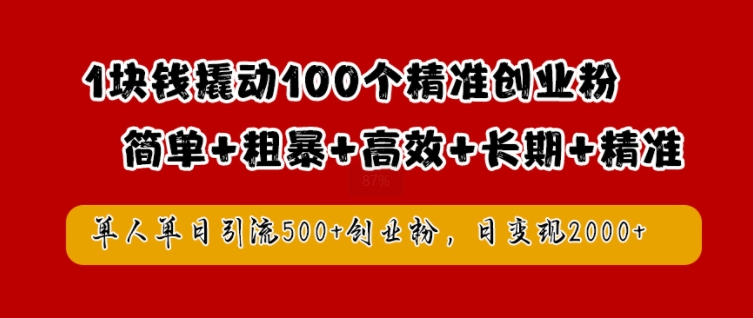 1块钱撬动100个精准创业粉，简单粗暴高效长期精准，单人单日引流500+创业粉，日变现2k【揭秘】-摸金项目网