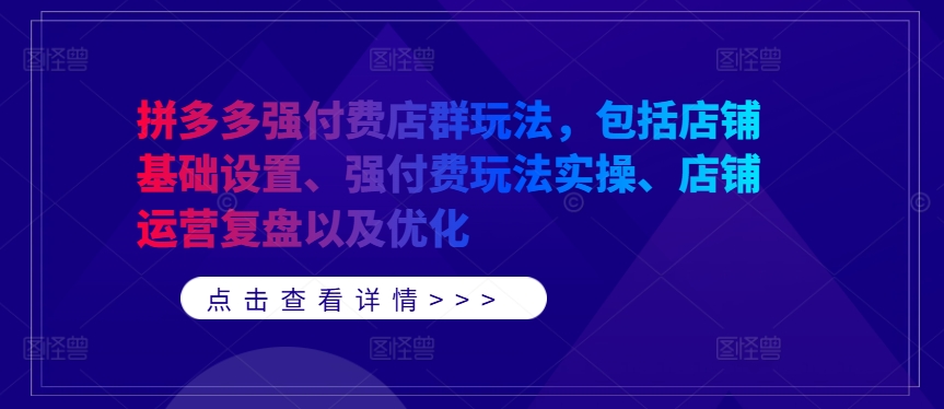 拼多多强付费店群玩法，包括店铺基础设置、强付费玩法实操、店铺运营复盘以及优化-摸金项目网