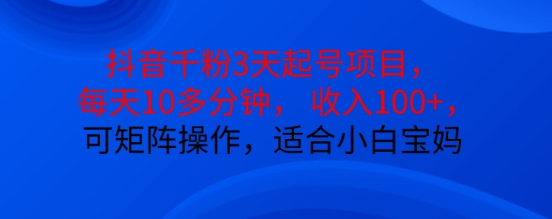 抖音干粉3天起号项目，每天10多分钟，收入100+，可矩阵操作，适合小白宝妈-摸金项目网