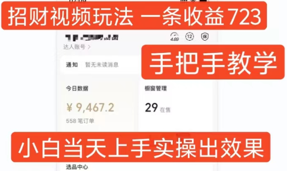 招财视频玩法，一条视频收益723，手把手教学，小白当天可上手-摸金项目网