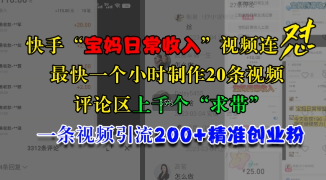 快手“宝妈日常收入”视频连怼，一个小时制作20条视频，评论区上千个“求带”，一条视频引流200+精准创业粉-摸金项目网