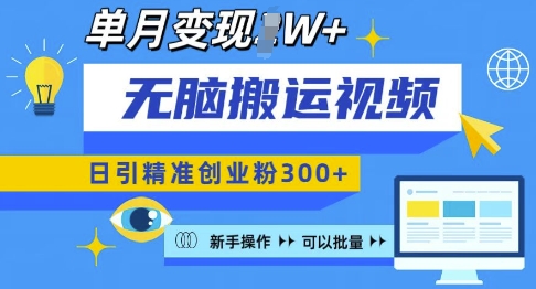无脑搬运视频号可批量复制，新手即可操作，日引精准创业粉300+，月变现过W 【揭秘】-摸金项目网