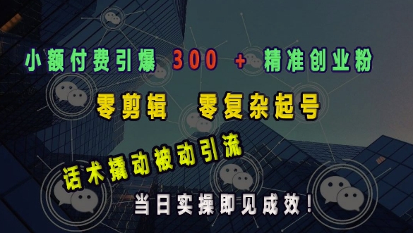 小额付费引爆 300 + 精准创业粉，零剪辑、零复杂起号，话术撬动被动引流，当日实操即见成效-摸金项目网
