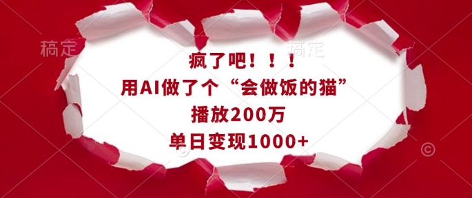 疯了吧！用AI做了个“会做饭的猫”，播放200万，单日变现1k-摸金项目网