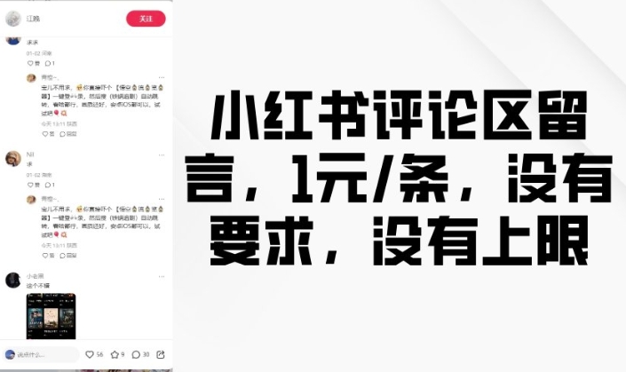 小红书评论区留言，1元条，没有要求，没有上限-摸金项目网