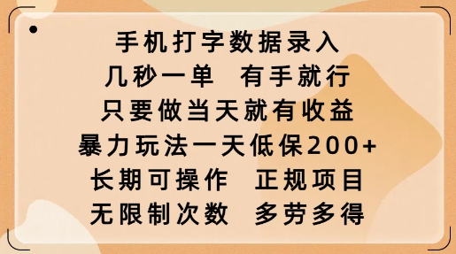 手机打字数据录入，几秒一单，有手就行，只要做当天就有收益，暴力玩法一天低保2张-摸金项目网