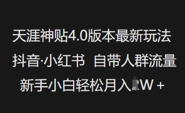 天涯神贴4.0版本最新玩法，抖音·小红书自带人群流量，新手小白轻松月入过W-摸金项目网