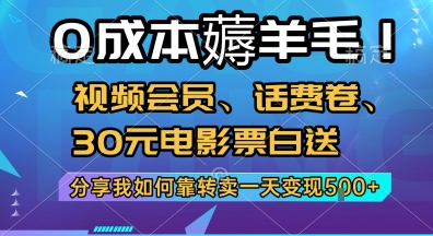 0成本薅羊毛!视频会员、话费卷、30元电影票白送，分享我如何靠转卖一天变现5张+【揭秘】-摸金项目网