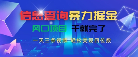 信息查询暴力掘金，一天三条视频，轻松变现四位数，风口项目干就完了【揭秘】-摸金项目网