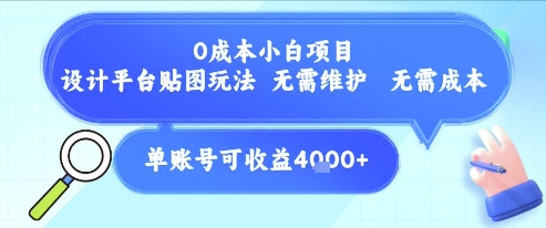 0成本小白项目，设计平台贴图玩法，无需维护，无需成本，单账号单月可产生收益4k+-摸金项目网